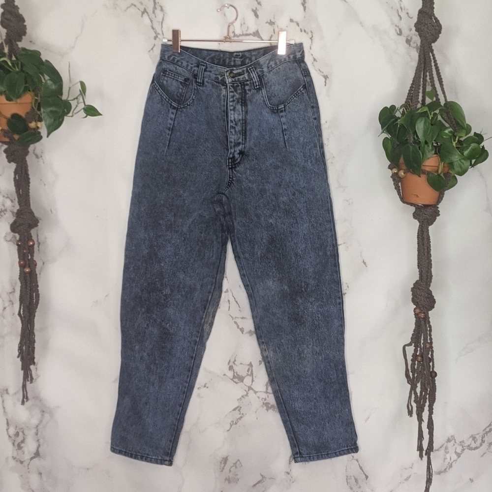 Vintage denim Mom 27 blue acid wash high rise tapered jeans Button Fly 80s 90s